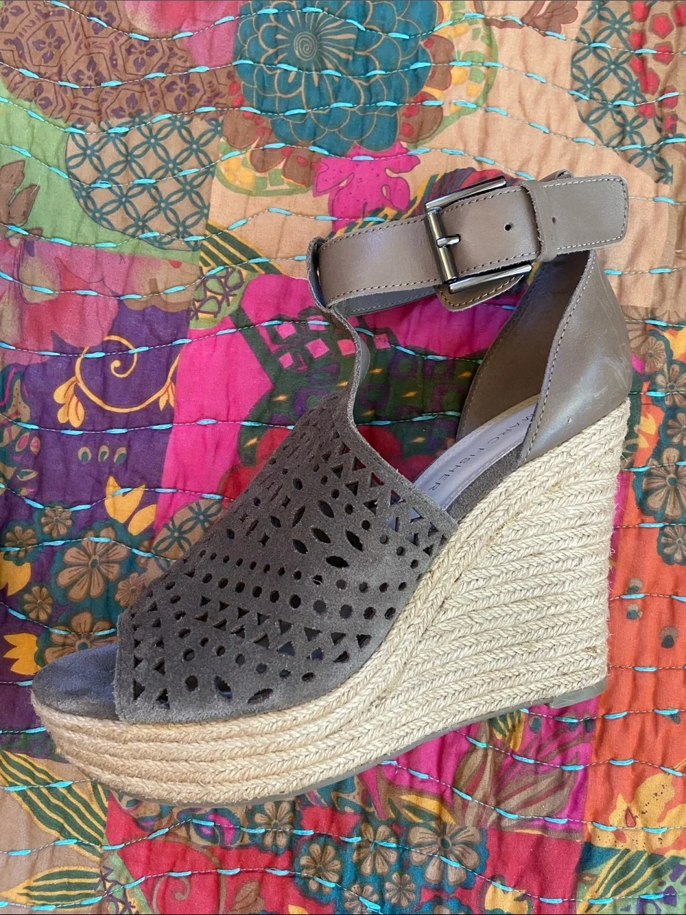 Marc Fisher Olive Green Laser-Cut Espadrille Wedges